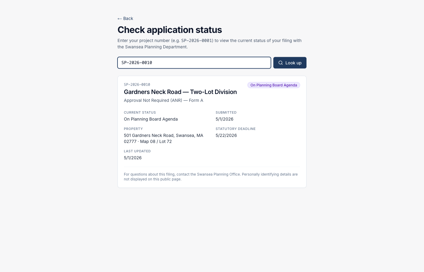 Applicant status lookup page